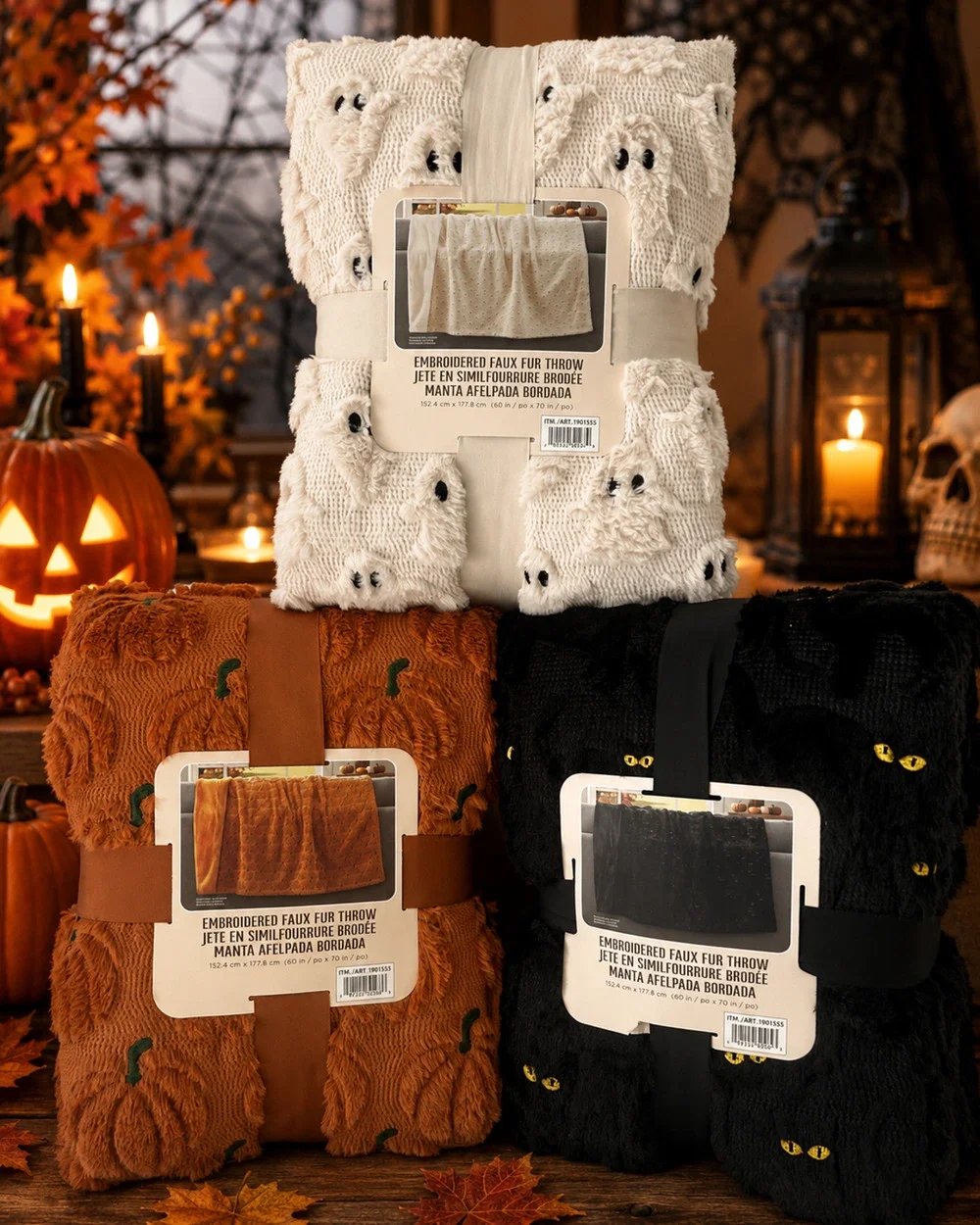 NWT Costco Halloween Faux Fur Throw Blanket Lot of 3 Ghost Cat Pumpkin